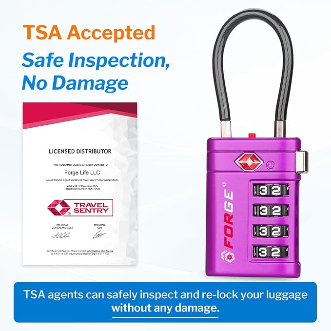 Forge TSA Approved Luggage Locks 4 Digit Combination TSA Travel Locks with TSA008, Open Alert Indicator, Zinc Alloy Body for Luggage, Suitcase, Backpack, and More. Purple 2 Locks.
