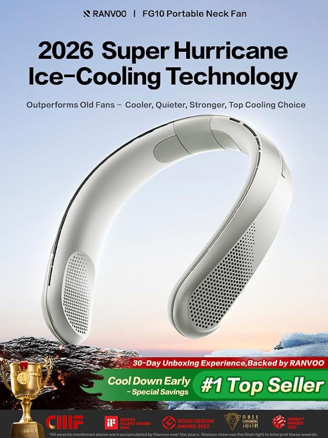 RANVOO Neck Fan, 120° Stable Adjustable Width, 360° Cooling Bladeless, Ultralight 0.7 lb, 3 Speeds, 4000mAh Battery Powered Fan, Instant Relief from Hot Flashes, Portable Outdoor Fan for Travel, White