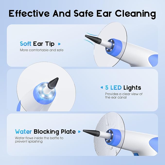 Ear Wax Removal, Electric Ear Cleaning Kit with Light, Ear Irrigation Kit with 4 Pressure Modes, Safe and Effective Ear Flush Kit with Ear Cleaner - Includes Basin, Towel & 12 Tips, (White)