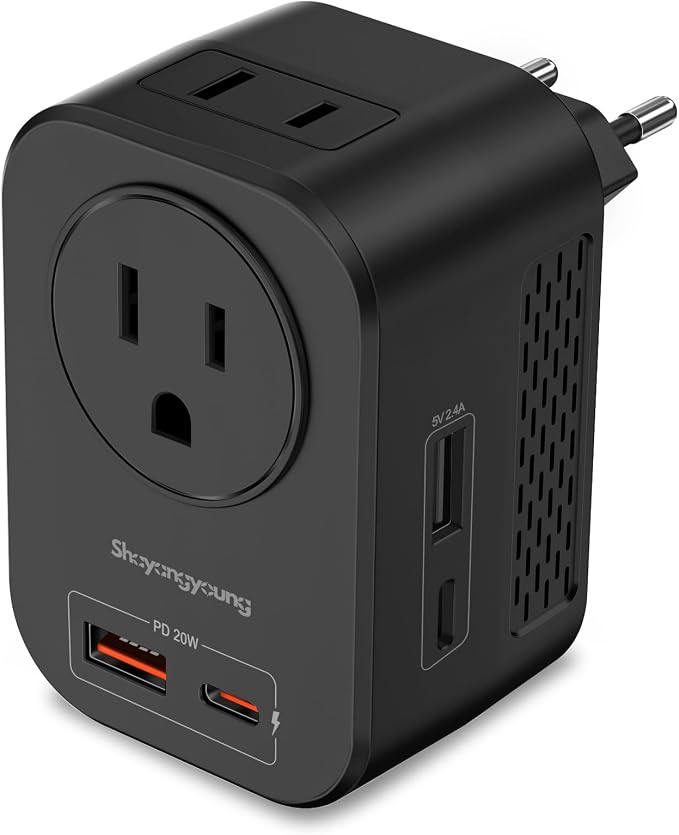 220V to 110V 20W PD Voltage Converter US to Europe International Universal Travel Adapter with 2 USB A 2 Type-C Port Worldwide Power Converters Plug Combo for Spain Italy (Black)-NB