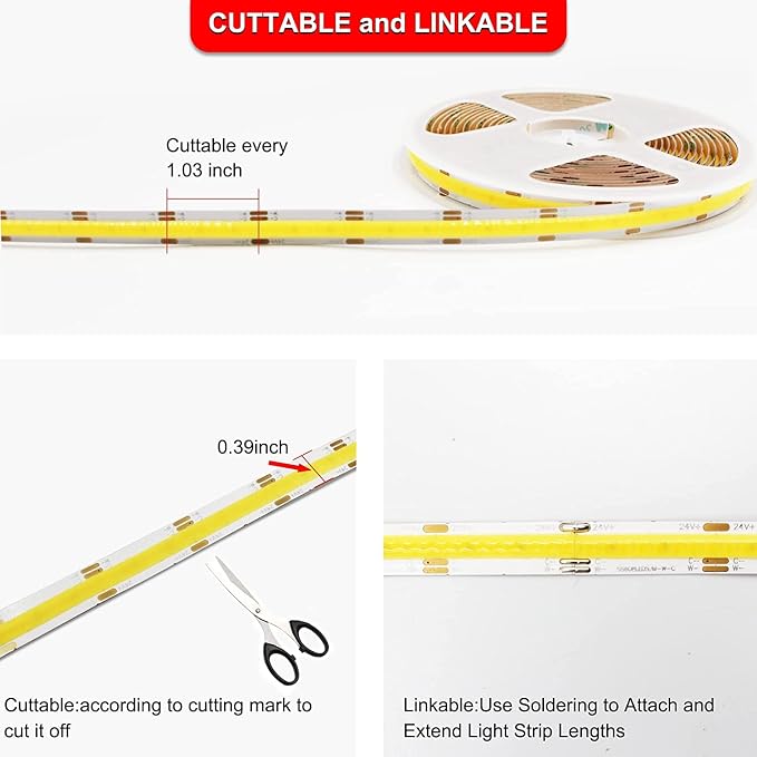 COB LED Strip Lights, CCT Tunable White LED Tape Light 16.4ft/5m, 2700K-6500K, CRI90+, 24V Dimmable LED Strips Kit with Bluetooth APP Control, for Bedroom, Kitchen, DIY Lighting.
