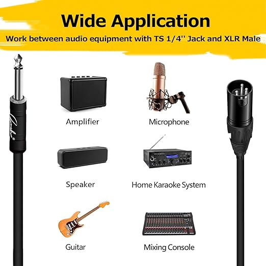 Ranch 2Pcs 10ft Male XLR to 1/4 TS Mono Jack Microphone Cable Quarter Inch to XLR Male Unbalanced Interconnect Cable - Black