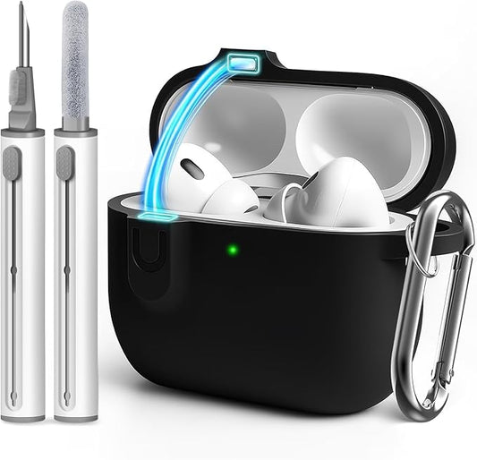 Compatible with AirPod 4 Case Cover with Cleaner Kit, Soft Silicone Cover for airpod 4 case Comes with Magnetic Lid Lock & Keychain-Solid for Women/Men,Black