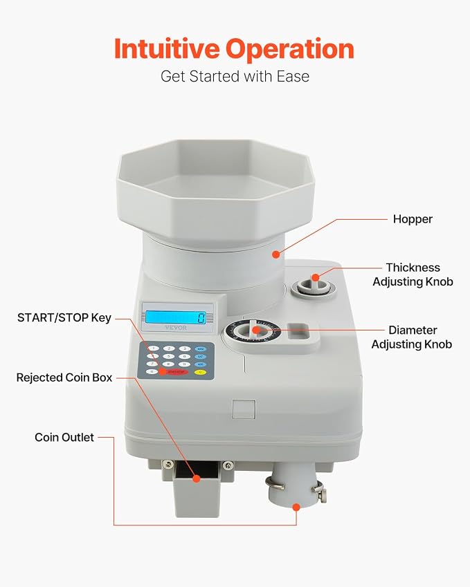 VEVOR High Speed Coin Counter, Professional Coin Sorter with Anti-Jam Tech, 1300 Coins/Min Counting Speed, 11000 Coins Hopper Capacity, Suitable for International Coins and Tokens