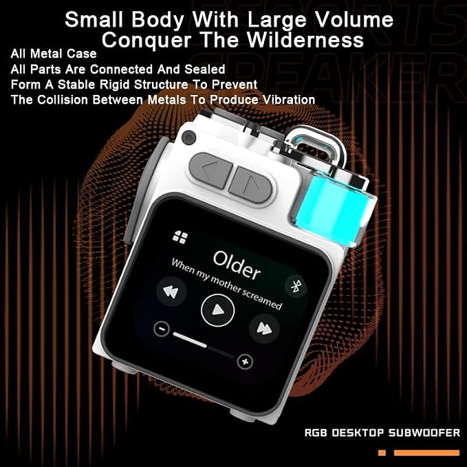 Wireless Bluetooth Speaker Mini, 2-Inch Screen RGB Subwoofer, Small Speaker Portable with Alarm Clock, Weather, Calendar,6H Battery, Metal Pendant Waterproof Large Hd Sound Pocket Stereo