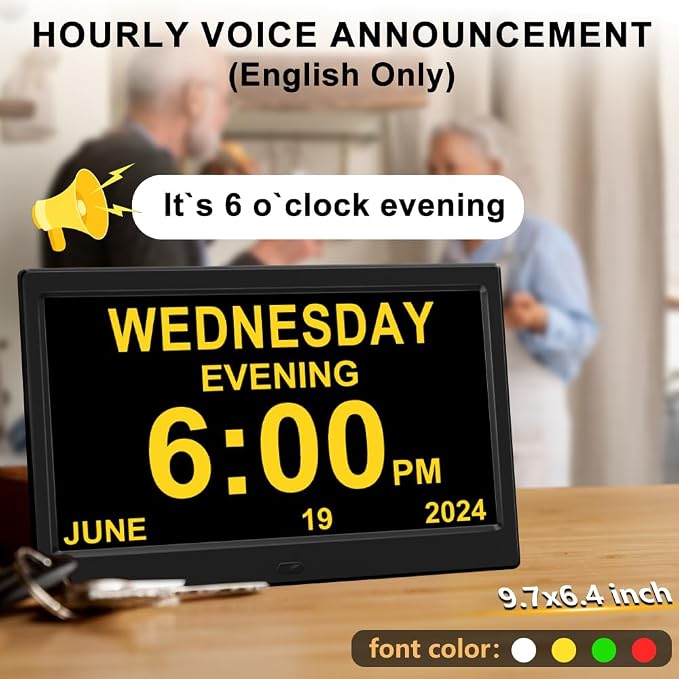 CAZOKASI Extra Large Impaired Vision Digital Alarm Clock with Day and Time for Elderly DST Calendar Clock No Battery Plug-in Power Outage Memory Auto Dimmable Clock (10.1 Inch Black)