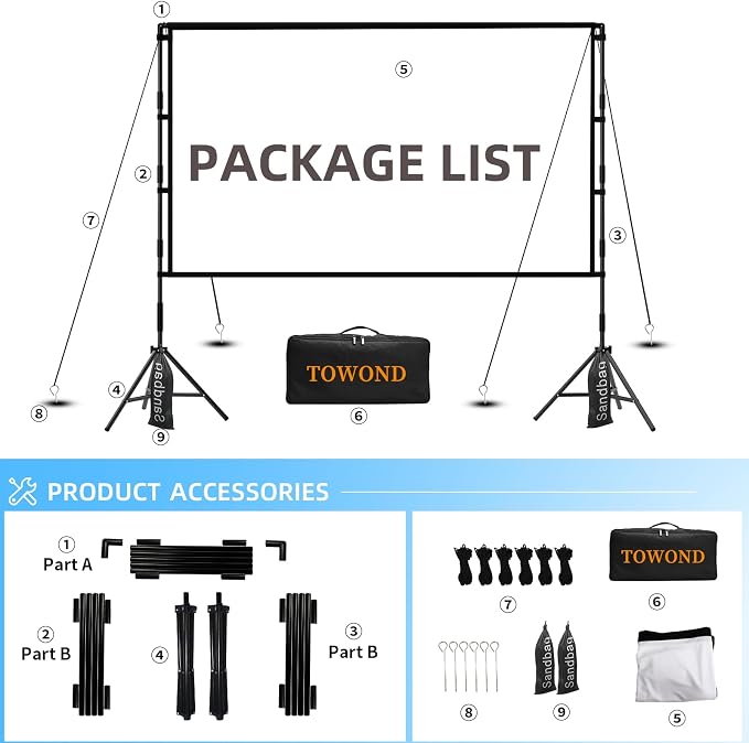 TOWOND Projector Screen with Stand, 84 inch Outdoor Projector Screen Portable Indoor Projection Screen 16:9 4K Rear Front Movie Screen with Carry Bag for Home Backyard Theater 84 inch