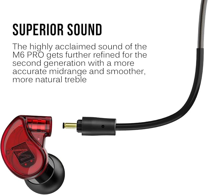 MEE audio M6 PRO In Ear Monitor Headphones for Musicians, 2nd Gen Model With Upgraded Sound, Memory Wire Earhooks & Replaceable Cables, Noise Isolating Professional Earbuds, 2 Cords Included (Red)