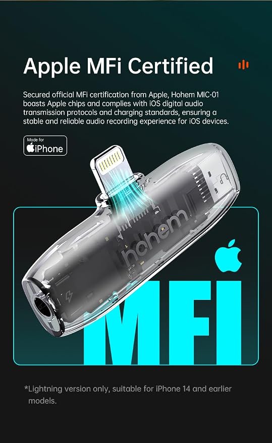 hohem MIC-01 Wireless Lavalier Lapel Microphone for iPhone iOS, with Noise Cancellation,MFi Certified,Remote Contro,Built-in Storage,20H Battery Life, Wireless Microphone for Live Stream (2TX+1RX)