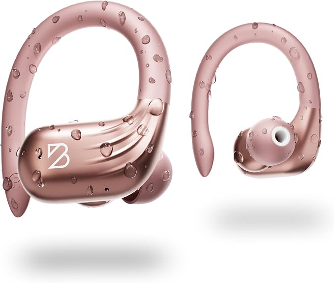 Back Bay Audio Runner 60 - Rose Gold Wireless Running Earbuds, 80 Hour Long Battery Life Over the Ear Earbuds with EarHooks, Wrap Around Ear Buds Wireless Bluetooth Earbuds with Microphone