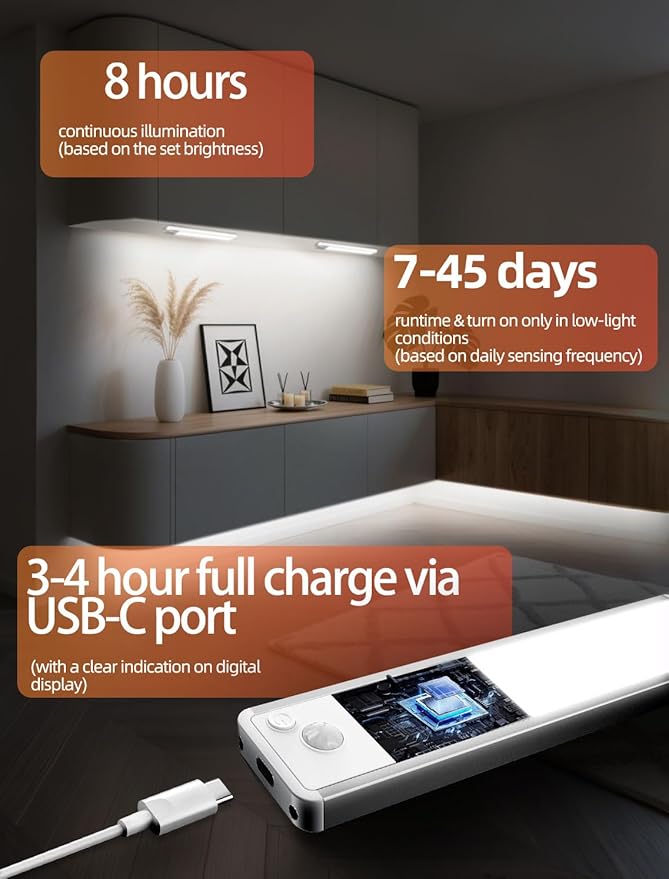 Under Cabinet Rechargeable Lighting: 8 Inch Motion Sensor Dimmable Lights Indoor - Battery Operated Lights - Wireless Closet Light Magnetic Led Light for Kitchen Home Bathroom Counter 2 Pack