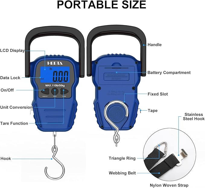 HEETA Fish Scale with Backlit LCD Display (Blue) Bundled with Waterproof Dry Bag for Women Men (Blue)