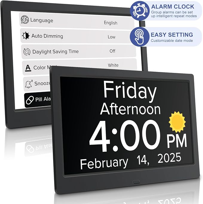 10.1 Inch Digital Alarm Clock with Date and Day of Week for Dementia Seniors, Clear Large Screen, Multiple Alarm Sets, Auto DST, Designed Specifically for Elderly - Black