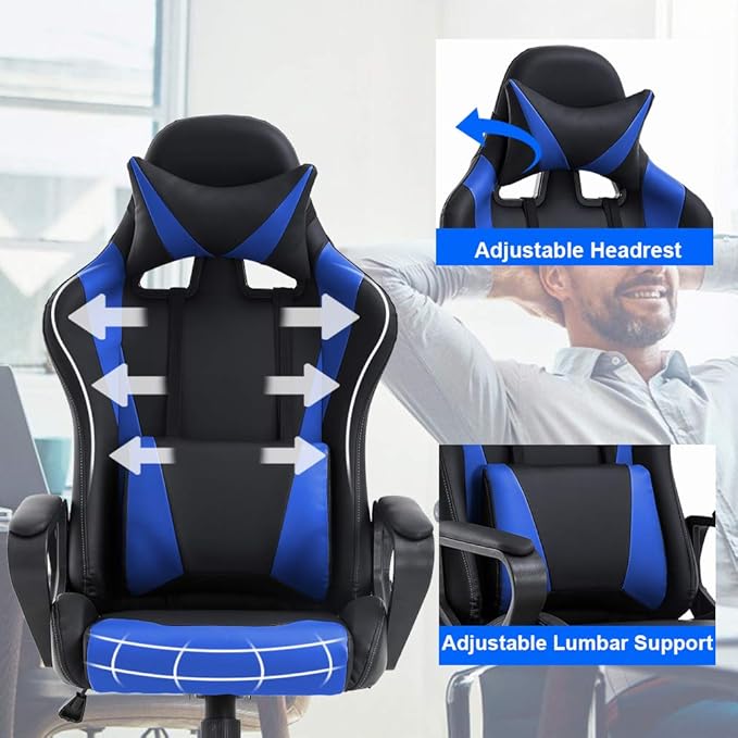 BestOffice PC Gaming Chair Massage Office Chair Adjustable Desk Chair High Back PU Leather Executive Rolling Racing Computer Chair with Lumbar Support Headrest Armrest Swivel Task Chair(Blue)