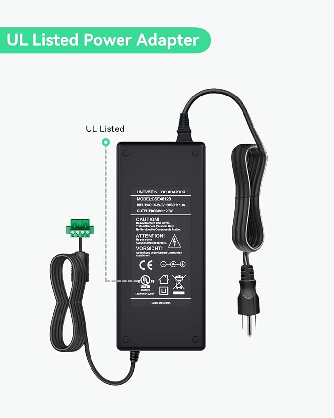 LINOVISION UL Listed DC 54V 2.2A Power Adapter, AC 100-240V to DC 54V 2.2A 120W Power Supply Adapter for PoE Switches and PoE NVRs