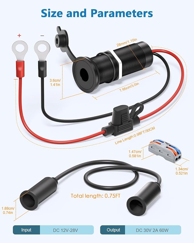 30V 2A Starlink Mini Power Supply Adapter Wall RV Pass Through Kit for RV | Aluminum Waterproof RV Power Socket 12V to 30V DC Step Up Converter with Fuse，30V Stable Output，12V Adapter Recessed Mount