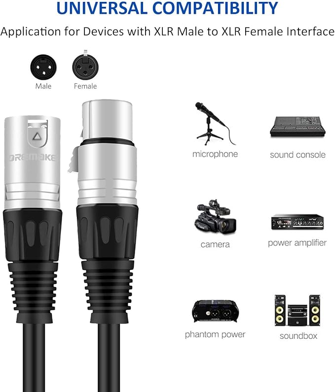 DREMAKE Audio 50 Foot XLR Cable Patch Cord-3Pin XLR Male to XLR Female Balanced Speaker Cable for Microphone, Stage, DJ, Pro - Black