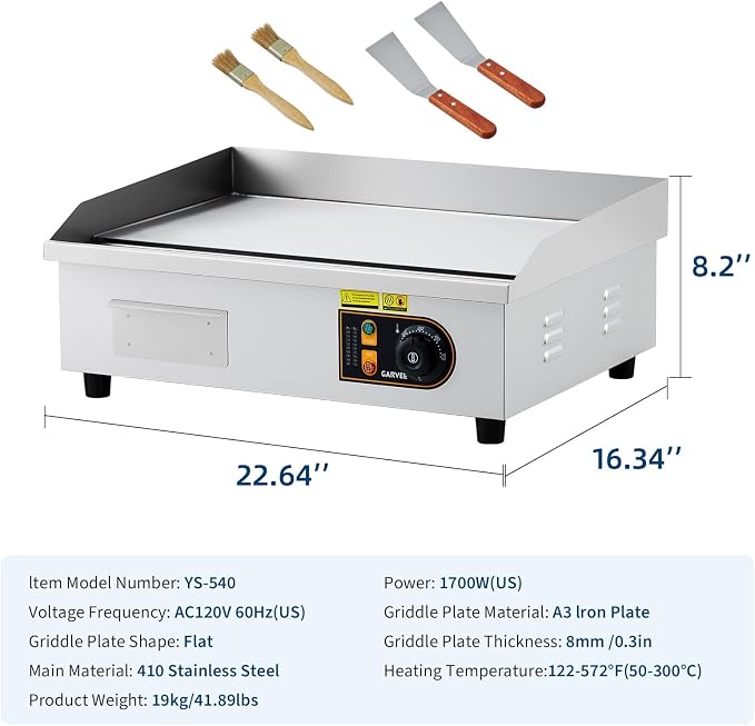 Garvee 22in Commercial Electric Flat Top Griddle Non-Stick for Breakfast Bars, Countertop Flat Top Grill with 2 Shovels and 2 Brushes for Roadside Stands, 122℉-572 ℉ Adjustable Temp