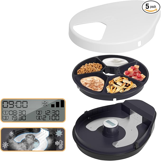 UBPET Cat Wet Food Automatic Feeder with Cooling, Semiconductor Refrigeration, with Timer, 5 Food Compartments for 330g Pet Food Each, Premium Meal Plates, Washable, for Cats