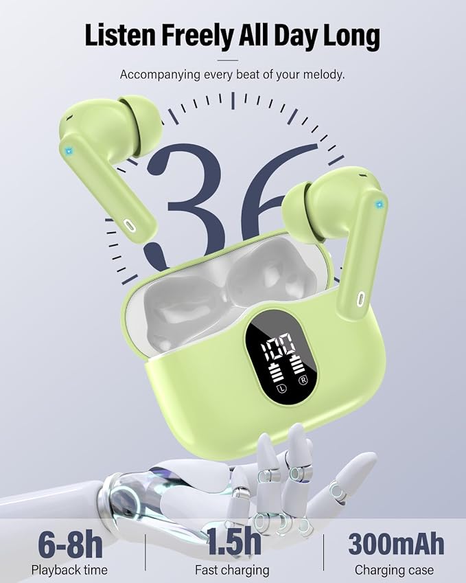 Wireless Earbuds, Bluetooth 5.4 Headphones Bass Stereo, Ear Buds with Noise Cancelling Mic, LED Display in Ear Earphones Clear Calls, IP7 Waterproof Bluetooth Earbuds for Laptop/Phones, Grass Green