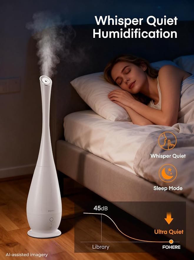 FOHERE Humidifiers for Bedroom Large Room, 5L Cool Mist Quiet Humidifier 48H Long Last for Indoor Plant, Baby, Home, Office with Humidity Sensor, Aroma Box, 3 Speed Settings, White