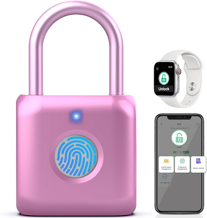 Pothunder Fingerprint Padlock, Smart Padlock, Locker Lock, Combination Lock, Fingerprint Lock with APP Unlock, USB Rechargeable, Suitable for Gym Locker, Door, Locker(Pink)