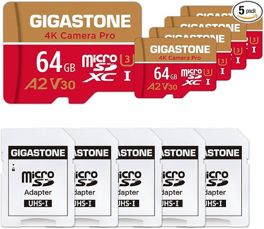 【5-Years Data Recovery】 GIGASTONE 64GB Micro SD Card 5-Pack, 4K Camera Pro, A2 V30 Compatible with Gopro, Dash Cam, DJI, Drone, Security Camera, Speed Up to 95MB/s, UHS-I U3 C10, with Adapter