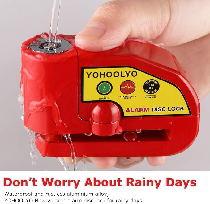 YOHOOLYO Alarm Disc Lock Motorcycle Disc Brake Lock Anti-Theft Waterproof 110 dB 7mm Pin 5ft Reminder Cable for Motorcycles Bike Scooter Carry Pouch (Red)