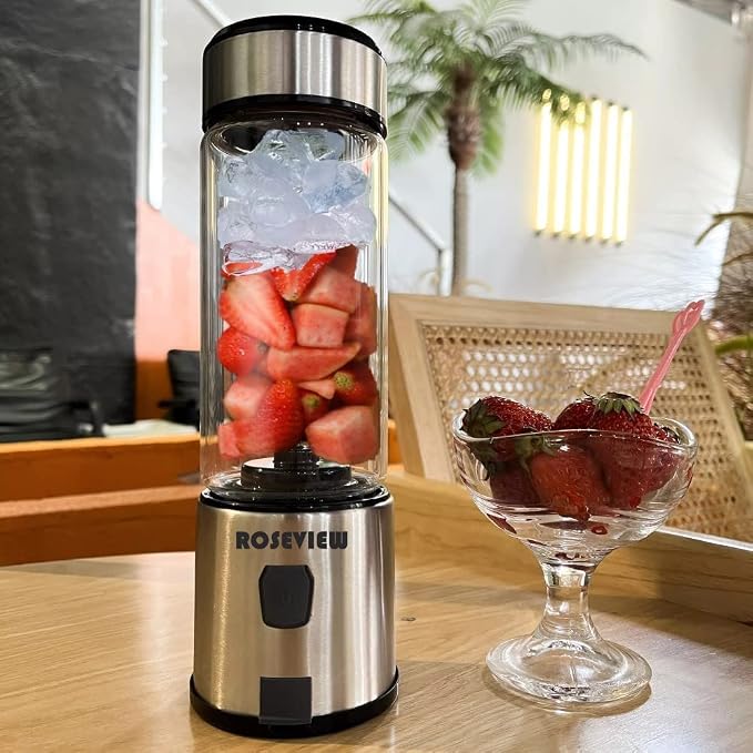 Portable Smoothie Blender ROSEVIEW Glass Cordless Mini Shakes Cup blend for smoothies USB rechargeable juicer 2 battery Handheld Personal travel Jet mixer (Black Steel)
