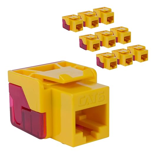 ICC CAT6 Keystone Jack with Inline IDC No Pair Split Wiring (Easier Termination) UL Listed PoE++ TAA Compliant for Wall Plate or Patch Panel, Works with JackEasy Termination Tool, Yellow, 10 Pack