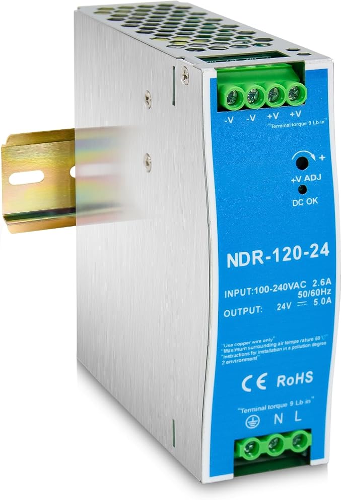 NDR-120-24 Din Rail Power Supply, 120W 24V 5A AC to DC Switching Converter, 100-240VAC Universal Input,with Voltage Adjust & DC OK Indicator