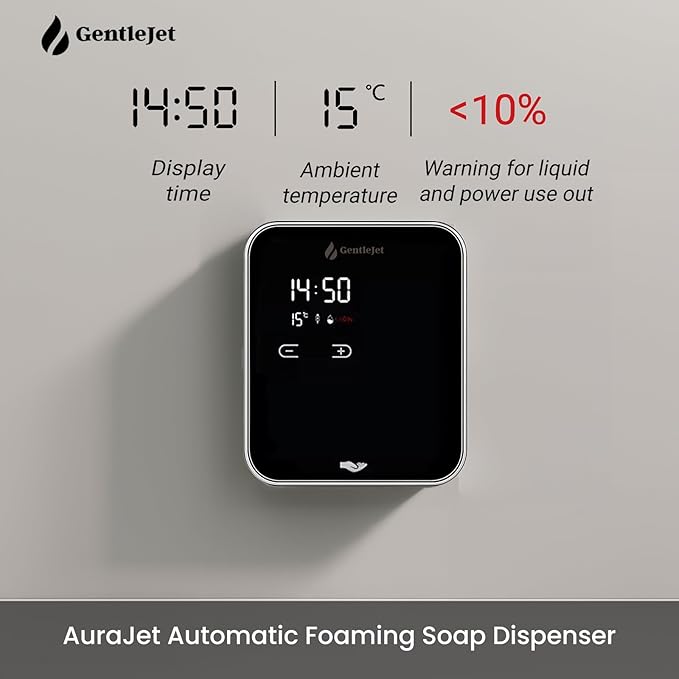 GentleJet AuraJet Automatic Foaming Soap Dispenser Wall Mount – Touchless Sensor, LED Display, 5 Foam Levels, Rechargable USB-C or Battery Powered, Aluminum Alloy, 480 ml Refillable