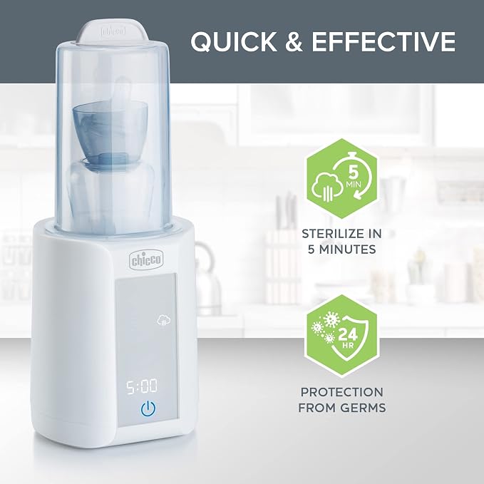 Chicco Digital Bottle Warmer & Sterilizer for Baby Bottles, Baby Food Jars, and Milk Bags | Eliminates 99.9% of Germs | 4 Heating Options | Digital Touchscreen | Automatic Shut-Off & Sound Alert