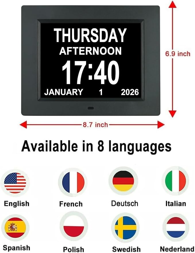 Aowasi Digital Clock Large Display with Date and Day of Week, 8 Alarm Options, Extra Large Digital Clock with Non-Abbreviated Day & Month Alarm Clocks for Seniors Dementia(Black)
