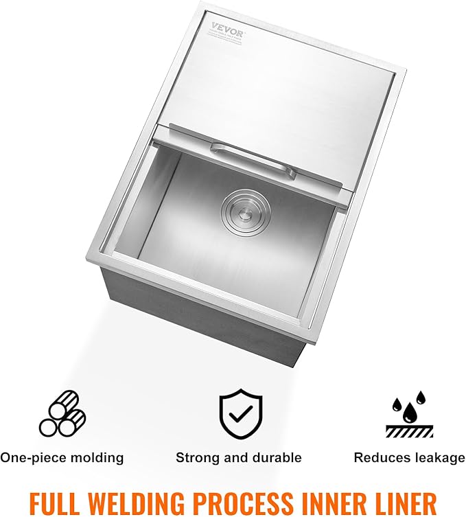 VEVOR Drop in Ice Chest, 24"L x 18"W x 13"H Stainless Steel Ice Cooler, Commercial Ice Bin with Sliding Cover, 40.9 qt Outdoor Kitchen Ice Bar, Drain-pipe and Drain Plug Included, for Cold Wine Beer