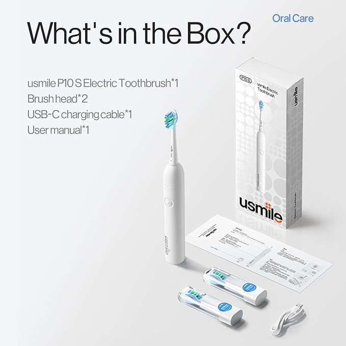usmile P10S Sonic Electric Toothbrush – 3 Modes Deep Clean & Whitening, 180-Day Battery Life, Cushioned Gum-Care Brush Head for Sensitive Teeth, Smart Timer, 2 Brush Heads (White)