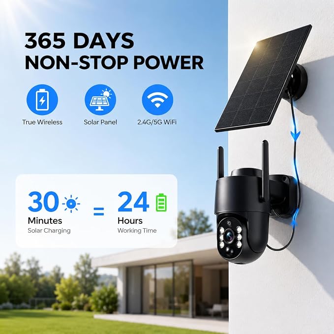 Solar Security Cameras Wireless Outdoor, 5G/2.4G Solar WIFI Cameras for Home Security,Solar Powered Outside Camera Wireless,Human Detection, Color Night Vision, 2-Way Talk for home Porch/Garage/Yard