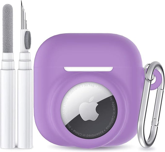 2 in 1 Silicone Case Compatible with AirPod 4 and AirTag 2/1, Shockproof Protective Skin Cover for AirPods 4th Generation with Cleaner Kit & Carabiner (Purple)
