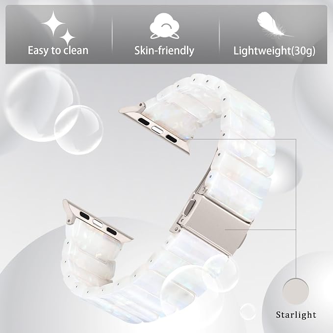 V-MORO Resin Band Compatible with Apple Watch Series 10/11 46mm/45mm/44mm/42mm Fashion Strap for iWatch Series 9/8/7/6/5/4/3/2/1/SE/SE 2 Lightweight Bracelet Wristband Women(Classic Aurora White)