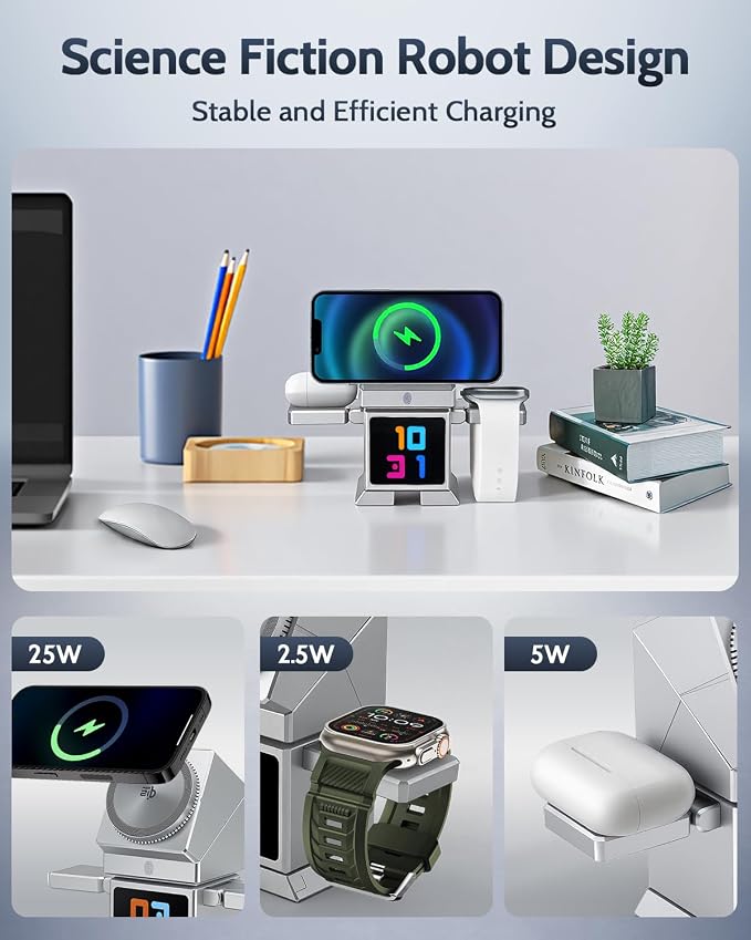 ModiTech 7 in 1 Wireless Charging Station for Apple - Qi2.2 Certified 25W Magnetic Magsafe Charger Stand for iPhone 17/16/15/14/13/12 - Apple Watch - Airpods Series, Silver with Adapter