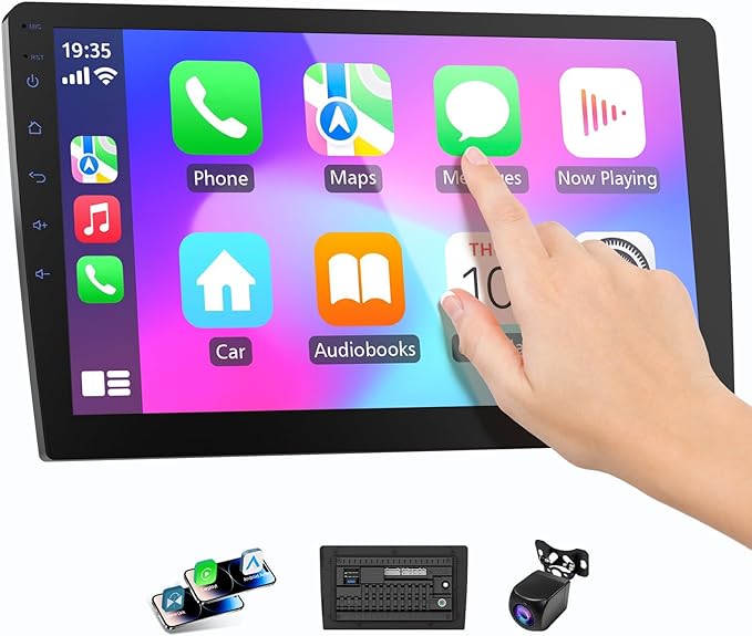 Haudio 10.1" Wireless Double Din Car Stereo with Bluetooth, Wireless CarPlay and Android Auto, Backup Camera, GPS Navigation, Free APK Download and Deletion, FM, Voice Control, Mirror Link