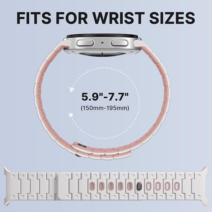 Bandletic Silicone Magnetic Band Compatible with Samsung Galaxy Watch 8 40mm 44mm / 8 Classic 46mm 2025, No Gap Soft Sport Wristbands Breathable Replacement Strap for Men Women, White/Pink