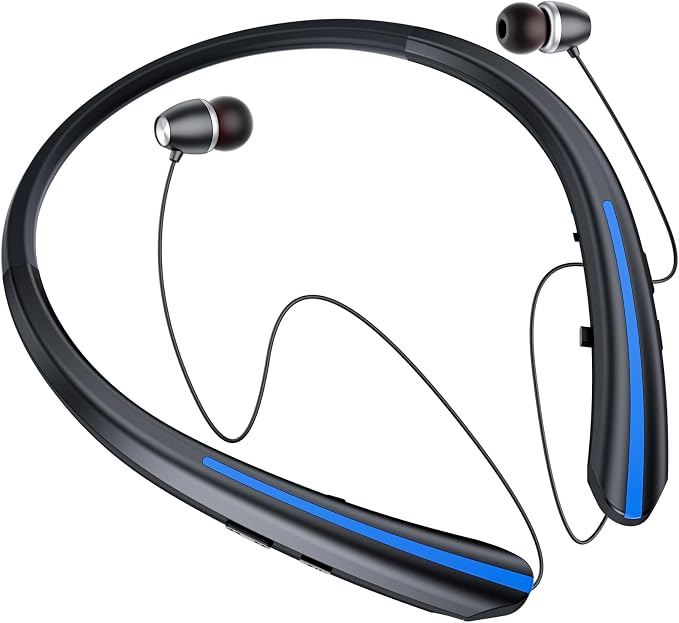 Neckband Retractable Bluetooth Headphones 2026 Upgrade - Wireless Headset with Mic, IPX5 Sweatproof Retractable Earbuds, Dual Device, 22H Playtime Noise Cancelling Stereo Earphones (Black Blue)
