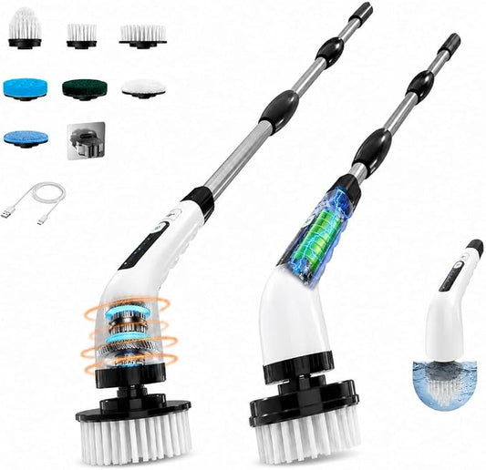 Electric Spin Scrubber, Cordless Cleaning Brush with 7 Replaceable Heads Brush, Power Scrubber with 12 & 54in Extendable Handle, 2 Speed 400RPM Shower Scrubber for Bathroom, Tub, Tile, Floor, Car