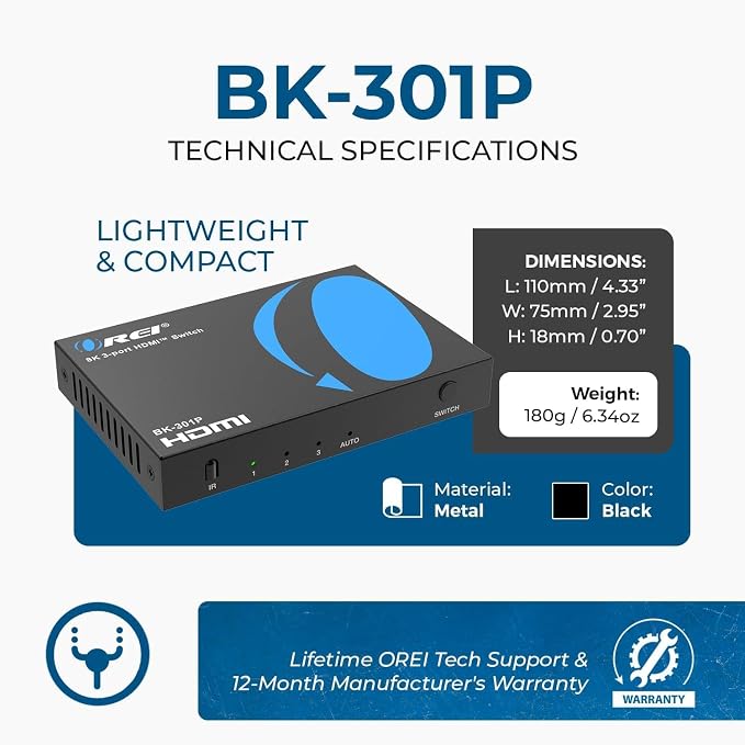 OREI 8K 3-Port HDMI 2.1 Switch, 3-in 1-Out, 8K@60Hz, Manual & Auto Switch