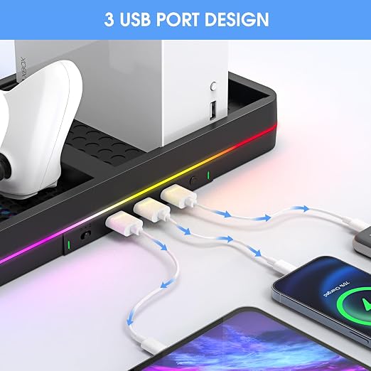 KEPLUG Dual Cooling Fan and Cooling Stand for Xbox Series X/S Console/Controller Dual Controller Charger Station with RGB LED Light & 3 USB Ports,Xbox Series x Accessories with 2 Headphone Hooks
