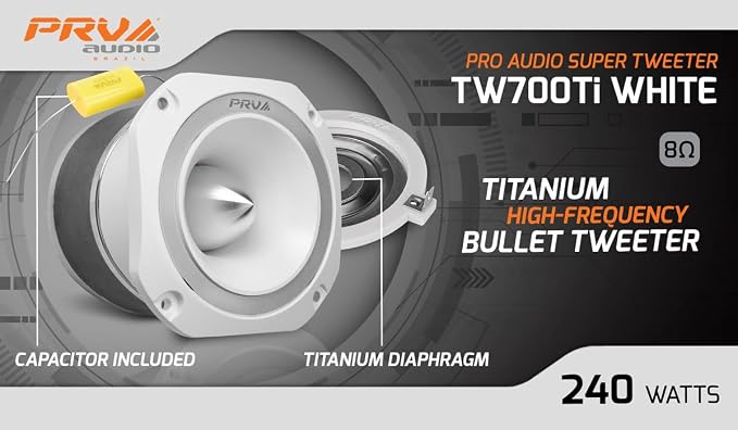 PRV AUDIO TW700Ti White 4 Inch Titanium Bullet Tweeter 240 Watts, 8 Ohm Super Tweeter, Built-in Capacitor Pro Audio High Frequency Driver (2 Tweeters)