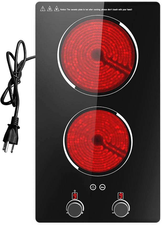 110v Electric Cooktop 2 Burners, 12'' Electric Stove Top with Plug in, Knob Control Countertop & Built-in Ceramic Cooktop, 9 Power Levels, Child Lock, Timer, Over-Heat Protection