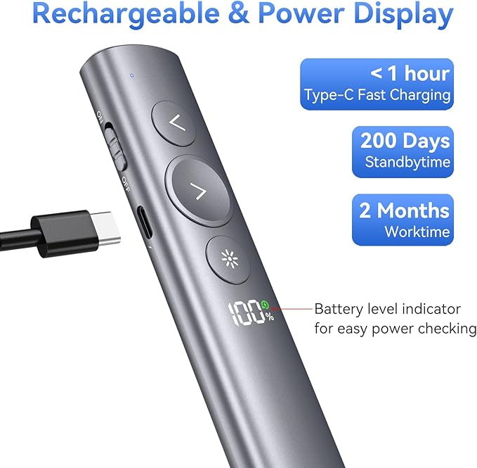 Rechargeable Presentation Clicker with Red Laser Pointer for PowerPoint, Power Display Wireless Presenter Remote with USB-A & USB-C Dongle, Slide Advancer for Mac, Windows, Laptop, Classroom, Office