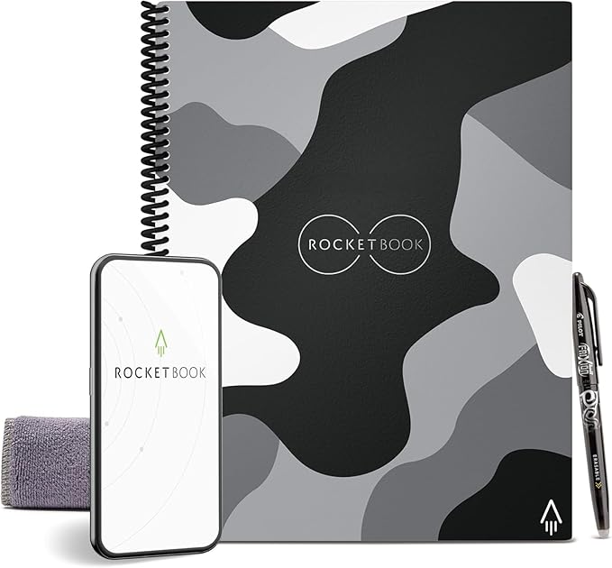 Rocketbook Core Reusable Spiral Notebook, Letter Size 8.5x11, Camo - Dotted Pages, App-Connected, Erasable, Durable Cover, Ideal for School, Work, and Creative Projects